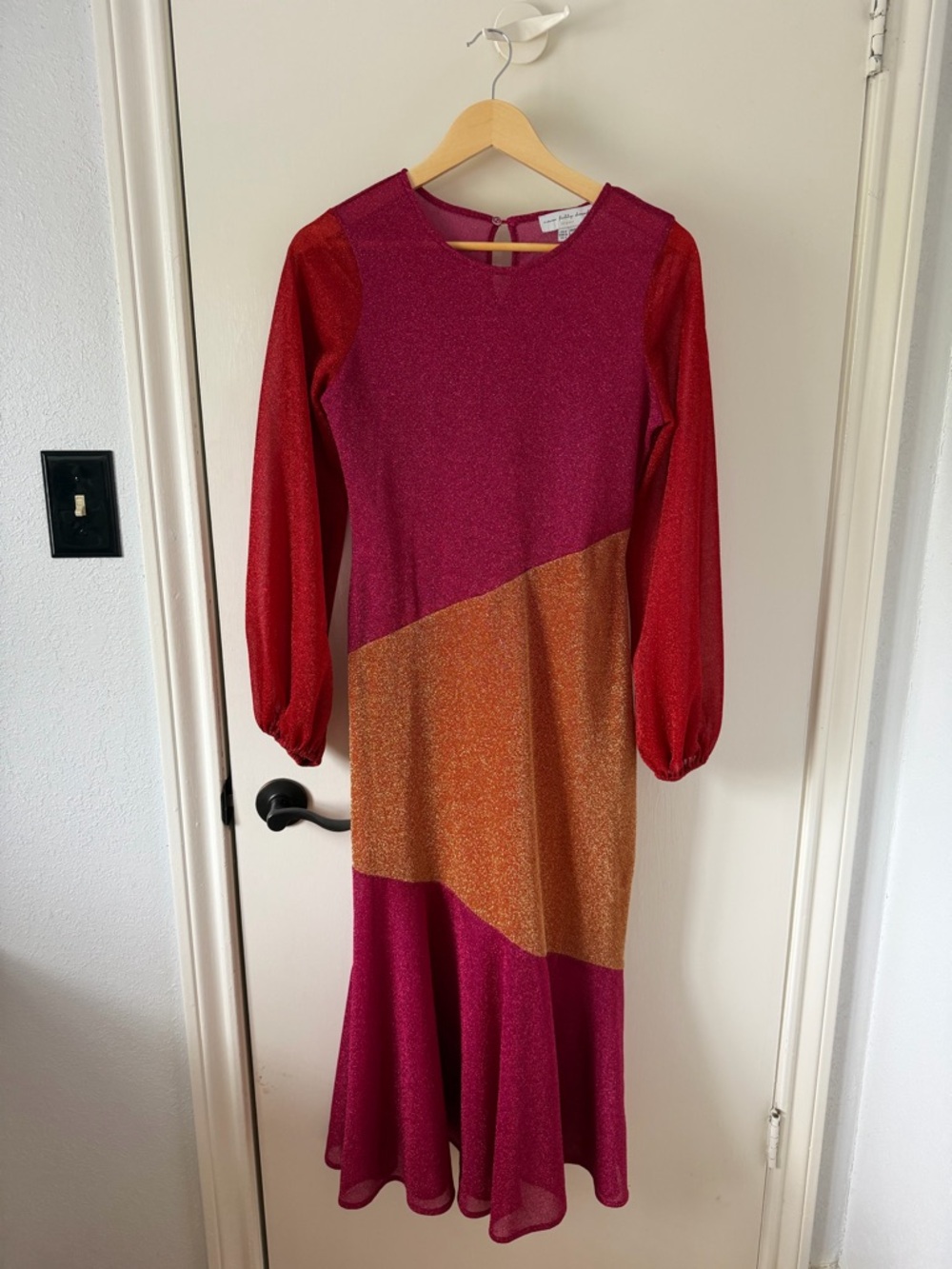 Never Fully Dressed Red, Pink & Gold Lurex Colorblock Dress